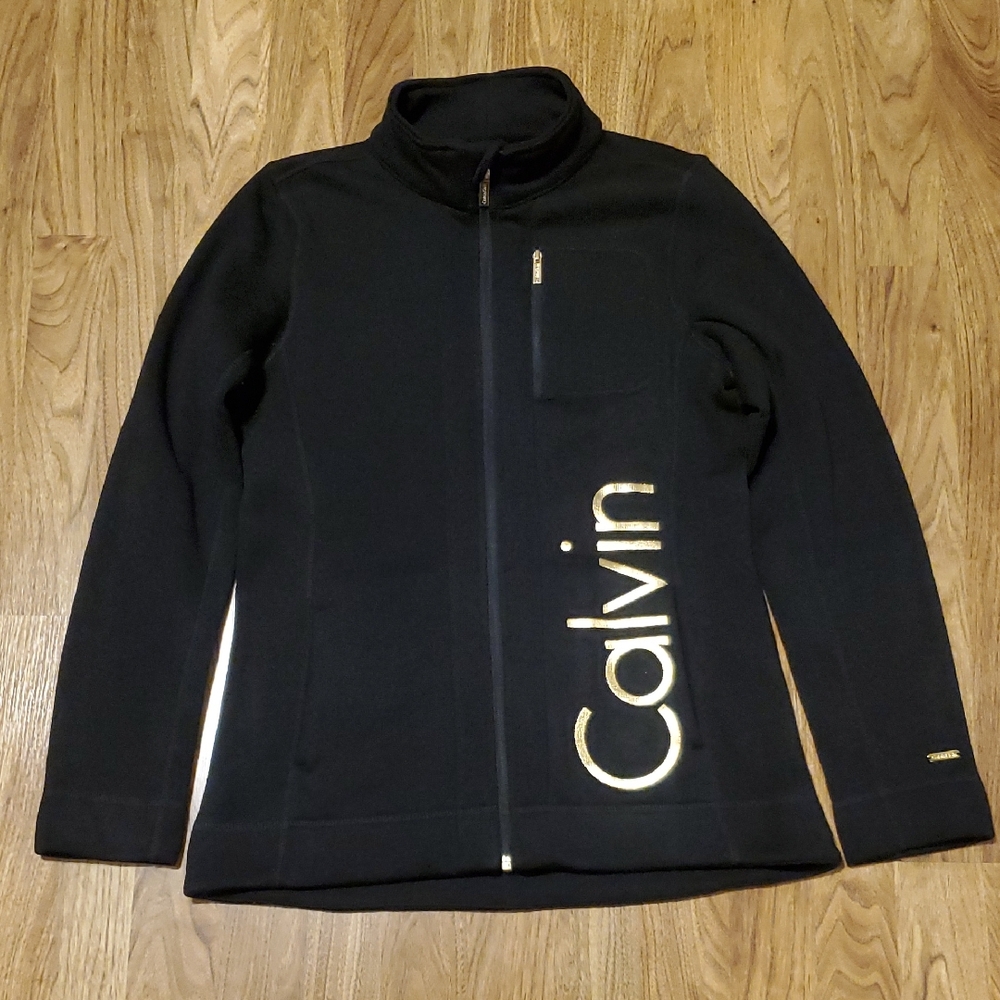 Calvin Klein Black Zip Up Fleece Jacket with Gold Accents Womens Size S